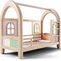 **Technische titel in het Nederlands:** **Houten Peuterbed met Huisdesign en Verfijnde Kleuren**