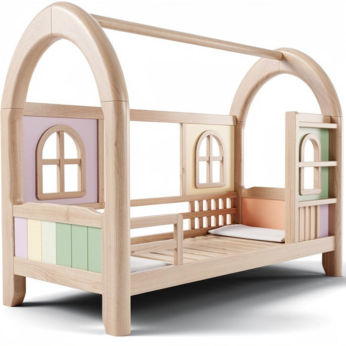 **Technische titel in het Nederlands:** **Houten Peuterbed met Huisdesign en Verfijnde Kleuren**